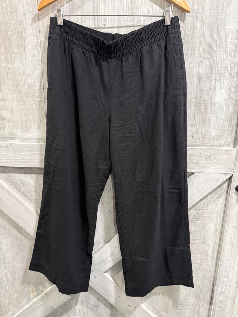 Old Navy Women’s Petite 12 Black Linen Rayon Blend Wide Leg Comfort Waist H1